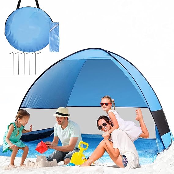 Pop Up Beach Tent Sun Shelters,Outdoor Beach Tent Pop Up Windproof Beach Shade Tent for 3-4 Persons Family Beach, Camping, Garden, Hiking Tent