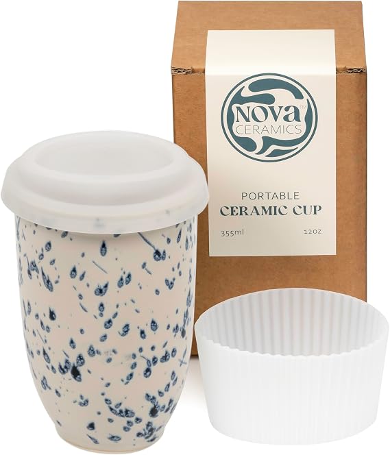 NOVA CERAMICS Travel Mug - Travel Size Mug – Reusable Coffee Mug Unique to Go Mug – Microwave & Dishwasher Safe Coffee White & Blue Tumbler - Gifts for Women Men Him Her – 355ml – Orchid