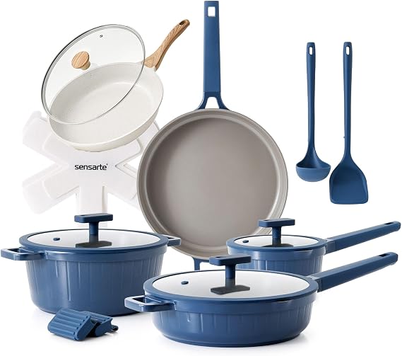 SENSARTE Ceramic Nonstick Cookware Set 15 Piece, includes 9.5 Inch Omelet Pan with Lid, Induction Compatible Frying Pan Skillet