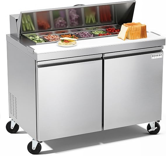 BODEGA 48" Sandwich & Salad Prep Refrigerator, 13.5 Cu.Ft Commercial Worktop Fridge with Double Stainless Steel Doors, 12 GN 1/6 Pans & Cutting Board, Child Lock for Restaurants, Cafes, Delis