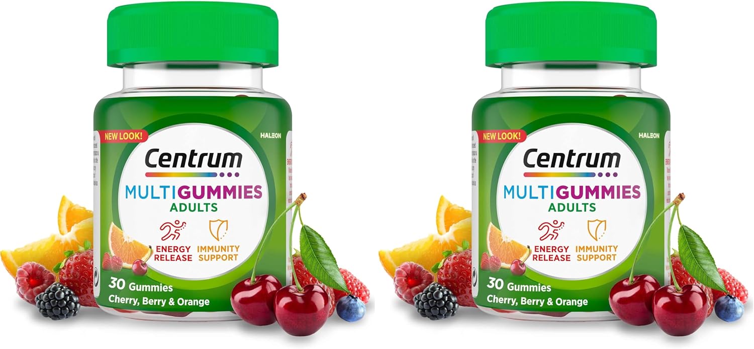 Centrum Multivitamin & Mineral MultiGummies, Cherry, Berry & Orange Natural Fruit Flavouring, Includes Essential Vitamins D, B12 & C, 30 Chewable Gummies (Pack of 2)