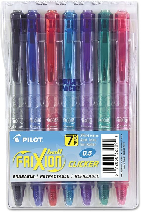 PILOT FriXion Clicker Erasable, Gel Ink Pens Extra Fine Point 0.5mm, 7-Pack