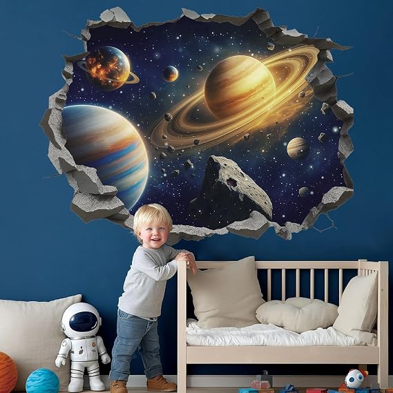 TOARTi Space Astronauts Wall Stickers,Blue Planets 3D Rockets Wall Art Decals for Boys Bedrooms,Solar System Mural Vinyl Removable Sticker for Nursery