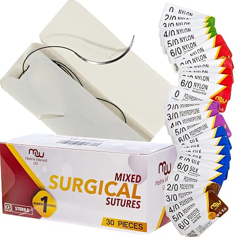 Suture Thread with Needle 30Pk (Mixed 0, 2-0, 3-0, 4-0, 5-0, 6-0) - Practice Suturing; Camping Survival Demo, Military Tactical Drill, Hospital Clinic Rotation, First Aid Travel Safety, Veterinary Use