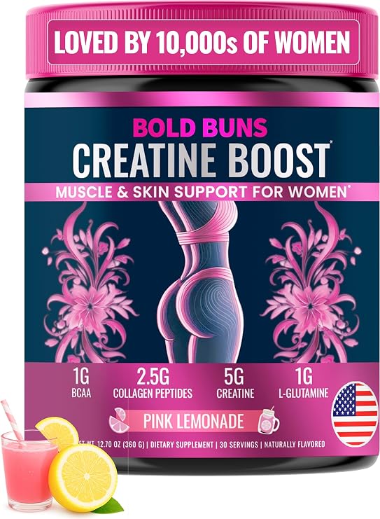 Bold Buns Creatine for Women Supplement with Collagen & BCAA Supports Muscle Development, Post-Workout Recovery, Skin Elasticity, Healthy Hair & Nail (30 Servings, Pink Lemonade)