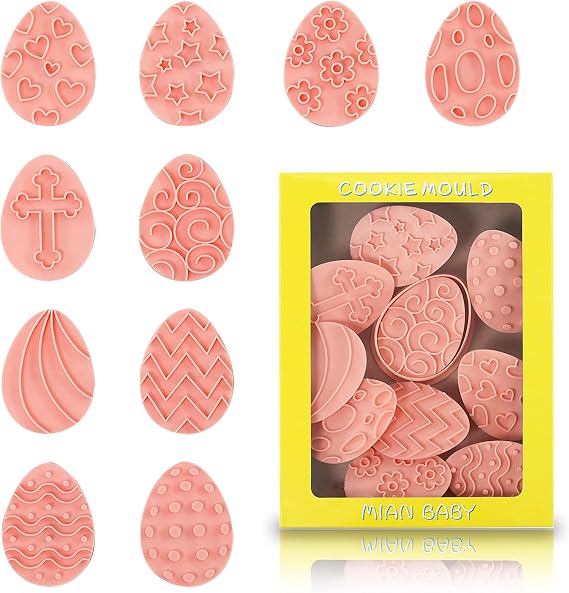 10 Pieces Easter Egg Cookie Cutters Easter Cookie Stamps 3D Plastic Embossing Mold Press Cookie Mould Set Baking Kitchen Tools for Holiday Birthday Party Biscuit Fondant Snacks Making