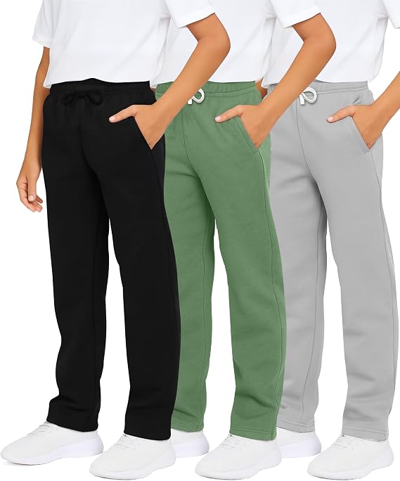 3 Pack Boys' Fleece Sweatpants Open Bottom Athletic Pockets Kids Teen