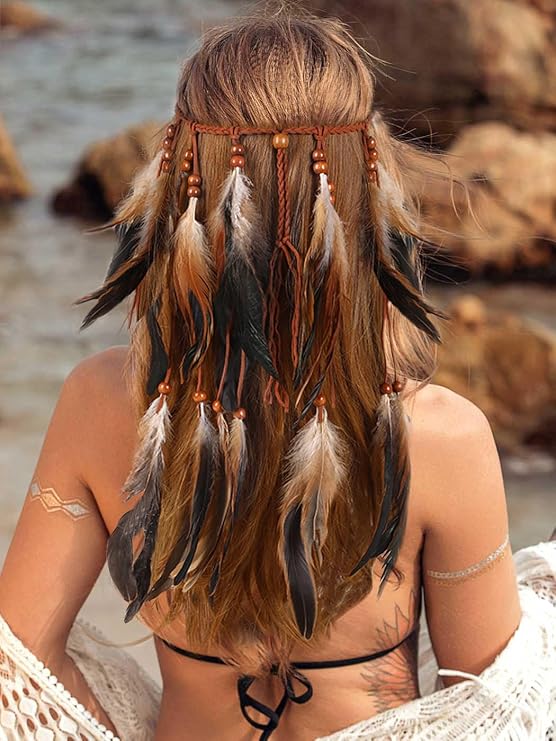 Indian Feather Headband Boho Tassel Hippie Tribal Headpiece Festival Hair Accessoriess for Women (Brown, One Size)