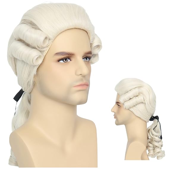 Yan Dream Blonde Powdered Colonial Wig 18th Century Judge Curly Cosplay Wig | Beige Barrister Wig, Historical Costume Styling