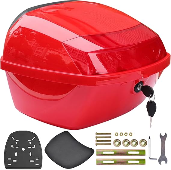 Universal Motorcycle Top Box, 30L Motorcycle Scooter Top Box Tail Trunk Luggage Box with Security Lock, Waterproof Storage Carrier Case for Scooter Moped Motorbike,Red