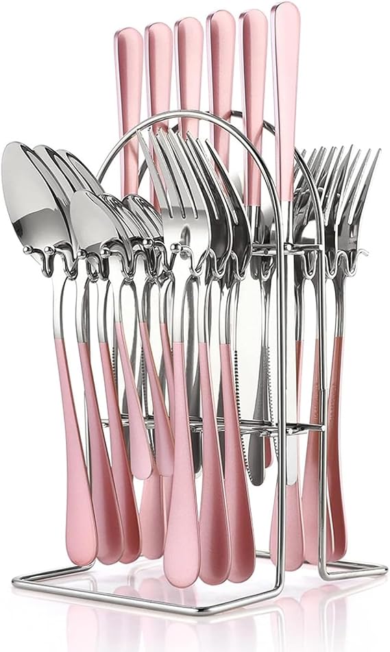 Silverware Set, 24 Piece Cutlery Set, Stainless Steel Flatware Set with Stand, Knife Fork Spoon Hanging Flatware Set for 6 Person, Mirror Polished Tableware Set (Pink Silver)