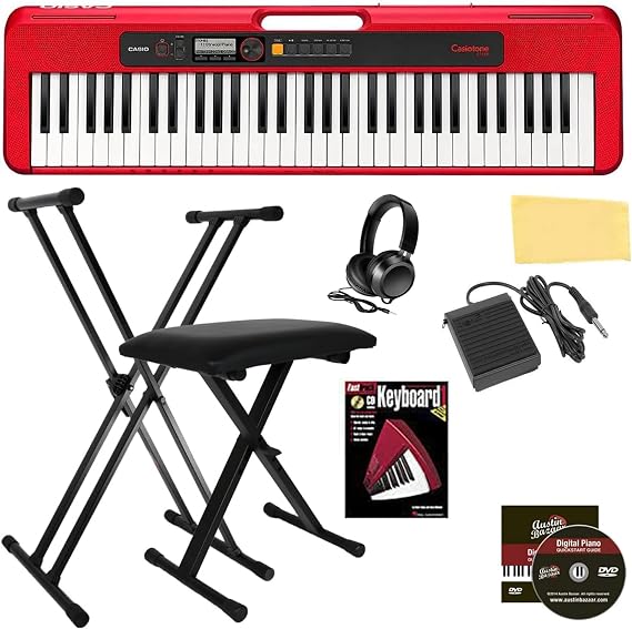 Casio Casiotone CT-S200 61-Key Portable Keyboard - Red Bundle with Adjustable Stand, Bench, Headphones, Sustain Pedal, Piano Book, Instructional DVD and Austin Bazaar Polishing Cloth