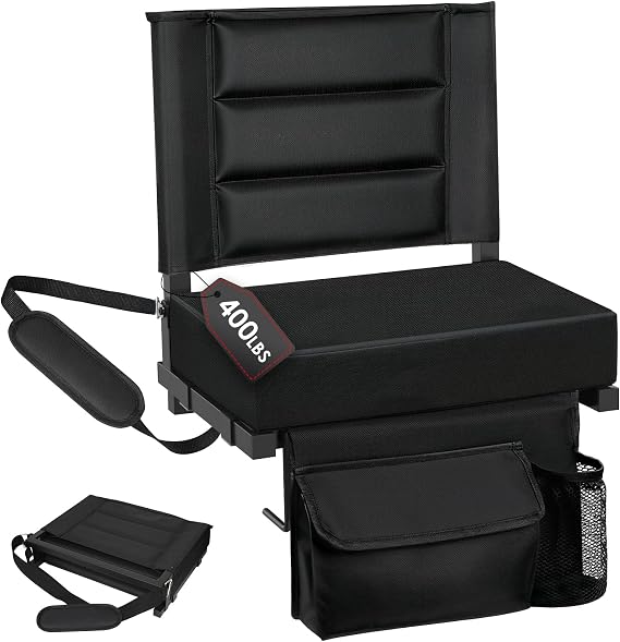 Stadium Seats with Back Support, Portable Bleacher Chair Thicker Cushion | Removable Extra Thick 3.2in Cushion, Folding, with Shoulder Strap,Large Storage Pocket, Sports Games, School Events