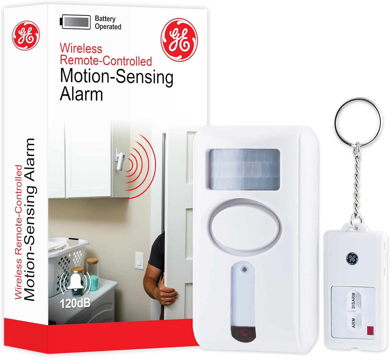 GE Personal Security Motion Sensing Alarm with Keychain Remote, 120dB Siren, Easy to Use, Easy to Install, No Wiring, Home Protection, 51207, Medium, White