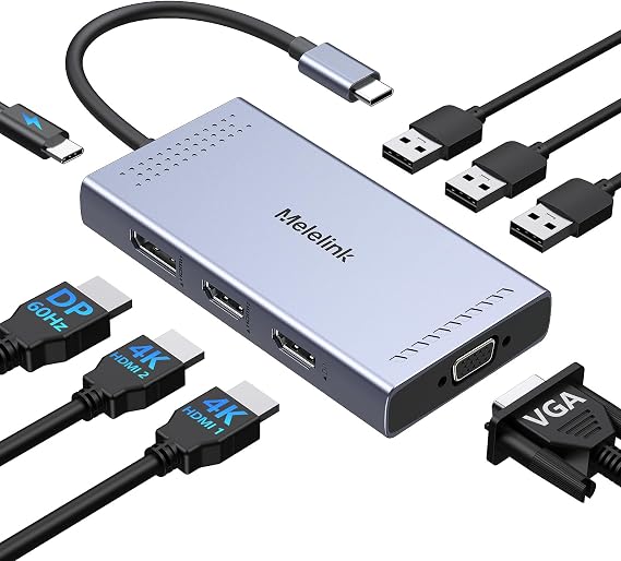 USB C Docking Station Dual HDMI Monitor Adapter, Melelink USB C Hub 3 Monitors Adapter with 2x HDMI 4K,Displayport,VGA,100W PD Charging,3 USB2.0, 8 in 1 Laptop Docking Station for Dell, HP, Lenovo,etc