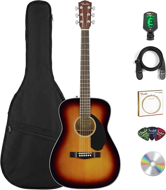 Fender CC-60S Solid Top Concert Acoustic Guitar - 3-Color Sunburst Bundle with Gig Bag, Tuner, Strap, Strings, Picks, and Austin Bazaar Instructional DVD