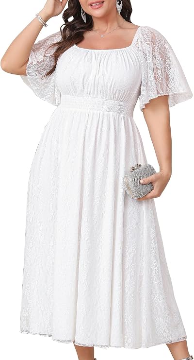 SHESTARR Women's Plus Size Wedding Guest Dress Lace Square Neck Short Sleeve Flowy A Line Formal Maxi Dresses