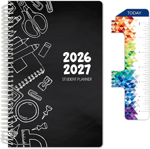 Global Datebooks 2026-2027 Middle & High School Student Planner 5.5" x 8.5" - Dated Weekly & Monthly Academic Planner with Ruler/Bookmark & Stickers, Ideal for Homework, Block Style, Doodles
