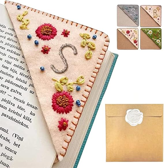 Personalized Hand Embroidered Corner Bookmark, 26 Letters Hand Stitched Felt Corner Letter Bookmark, Cute Flower Embroidery Bookmarks for Book Reading Lovers Meaningful Gift (Fall,S