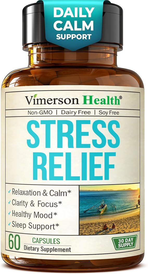 Stress Relief Supplement with 5HTP, Ashwagandha, Valerian, St Johns Wort, GABA, Chamomile & B-Vitamins - Promotes Relaxation, Sleep, Calm & Balanced Mood, Energy & Focus. Vegan, Non-GMO, 60 Capsules