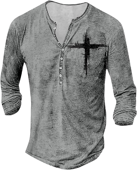 DMOYALA Henley Shirts for Men Long Sleeve Graphic T Shirts Vintage 3D Cross Skull Wolf Shirts Slim Distressed Cotton Tee
