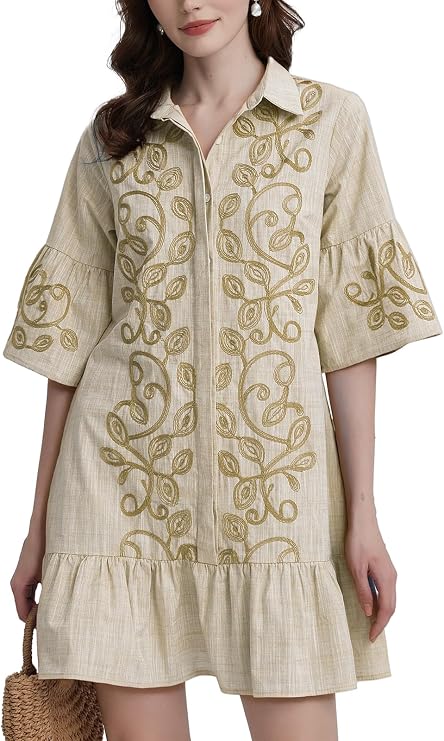 Kedera Women Floral Embroidered Dress Mini Dresses Shirt Shift Tunic