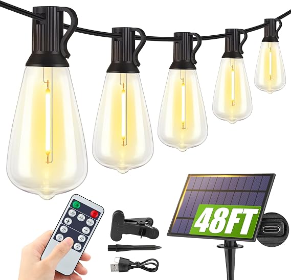 Larkvue 48FT Solar String Lights Outdoor with Remote, 16 ST38 Bulbs, Black