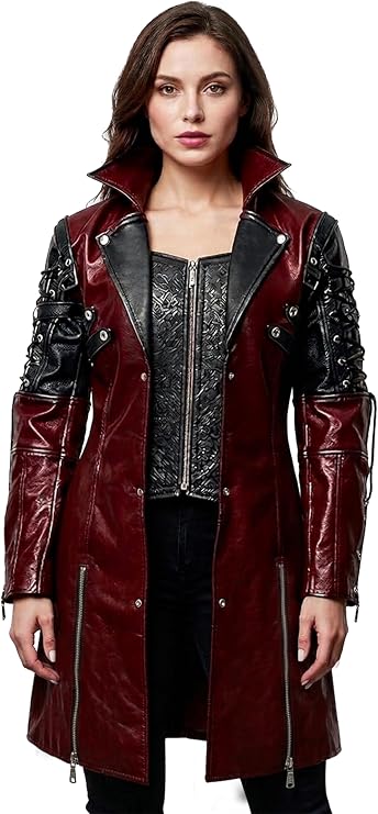 Women’s Gothic Steampunk Trench Coat – Vintage Long Overcoat Jacket with Lace and Button Detailing Victorian Style Costume Outerwear