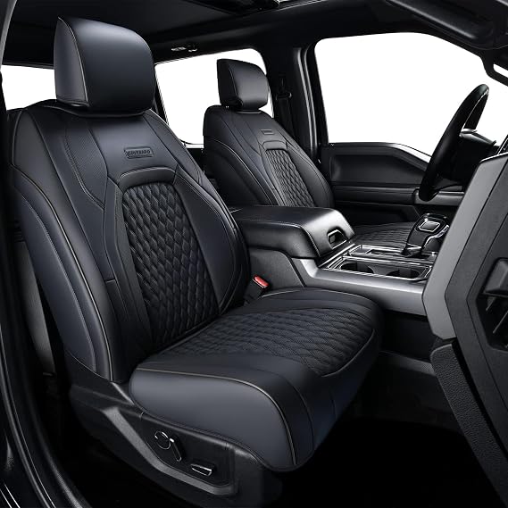 Coverado Front Seat Covers for Ford F150 2015-2026, F250 F350 F450 2017-2026 SuperCrew Crew Cab, Black Leather Car Seat Covers, Full Coverage