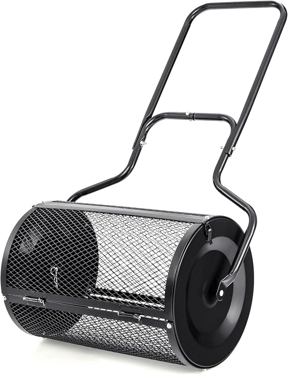 S AFSTAR 24-Inch Compost Spreader, Peat Moss Spreader with Upgrade Side Latches & U-Shape Handle, Metal Mesh Topdressing Roller for Topsoil, Fertilizer, Garden & Lawn Care Manure Spreader (Black)