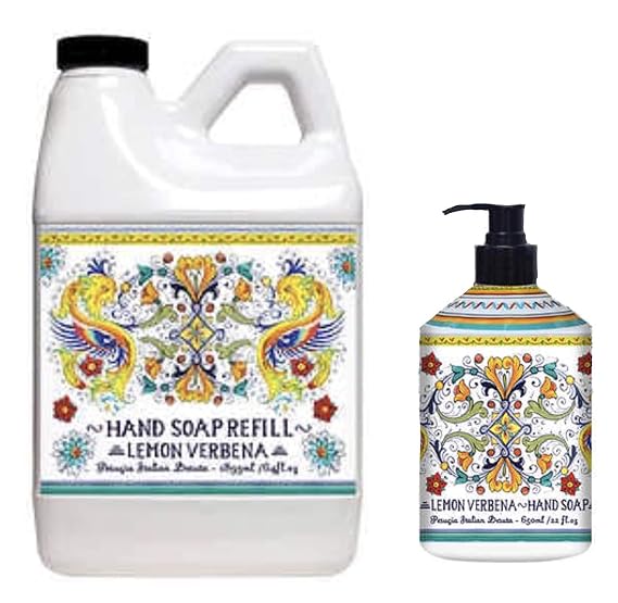 Home and Body Company Italian Deruta Hand Soap Refill Set, 16 oz Hand Soap with a 64 oz Refill (Lemon Verbena)