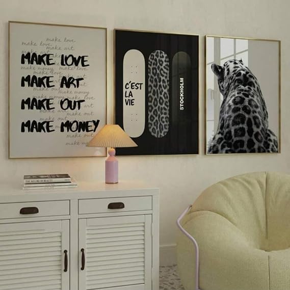 Xiyocadt Set of 3 Y2K Aesthetic Fashion Collage Poster Set Trendy Leopard Wall Poster Retro Wall Picture Set in Black and White for Bedroom Living Room Unframed (30 x 40 cm)
