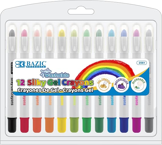 BAZIC PRODUCTS Silky Gel Crayons, 12 Colors, Non-Toxic, 12 Count