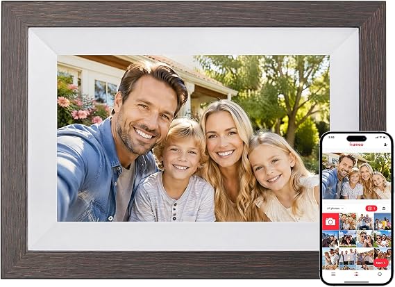 FRAMEO Digital Picture Frame WiFi 10.1inch Digital Photo Frame,Electronic Photo Frame Load from Phone,1280x800 IPS Touch Screen HD Display,Auto-Rotate,Share Photos/Video-Great Gift(Brown Wood)