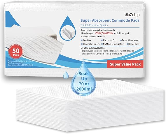 Ultra Absorbent Commode Pads for 70 OZ Liquid Absoprtion, 50 Pcs for Bedside Commode Liners, Medical Grade Universal Fit, Disposable, Easy for Seniors & Disabled or Camping