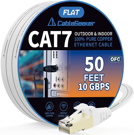 Cat 7 Shielded Ethernet Patch Cable 50 ft White (Highest Speed Cable) Cat7 Flat Internet Network Cables with Snagless RJ45 Connector for Modem, Router, LAN, Computer + Free Clips and Straps