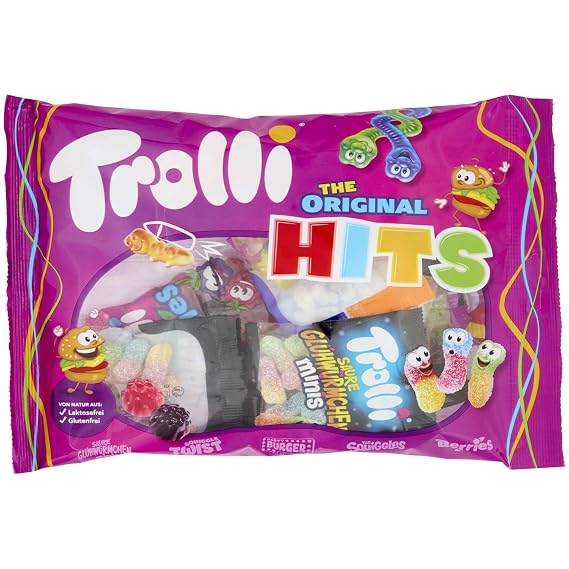 Trolli The Original Hits I Fruit flavored Sour Gummy Candy I mini bags: Squiggles, Squiggle Twist, Berries, Sour Glowworms, Party Burger I 200g 7.05 Ounce (10 mini bags)