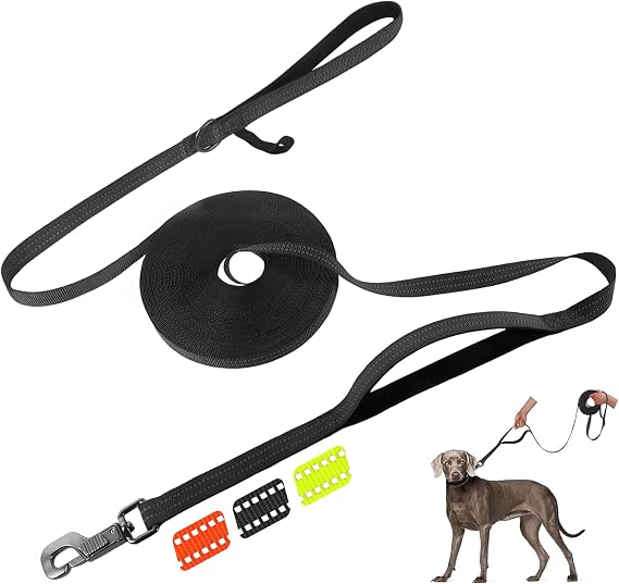 Fida Obedience Recall Training Agility Lead, 50FT Long Dog Leash, Black | 33FT & 50FT, Traffic Handle, Soft Padded, Reflective for Night Safety, Durable Nylon Dog leash for Small Medium Large Breeds