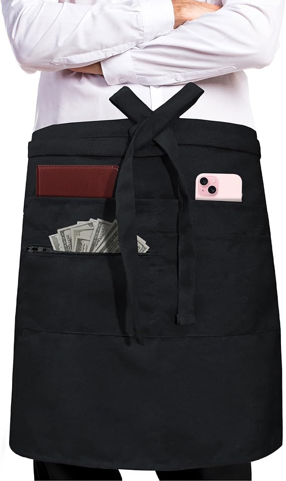 Unisex Bistro Server Apron with Zipper Pocket - Commercial Grade (Black, 24x20 Inches)