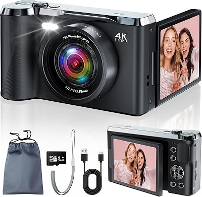JDZ 4K Digital Camera for Photography and Video, 56MP Autofocus Vlogging Camera for YouTube, 3 180 Flip Screen, 16X Zoom, Flash, Compact Travel Camera with 32GB Card for Beginners