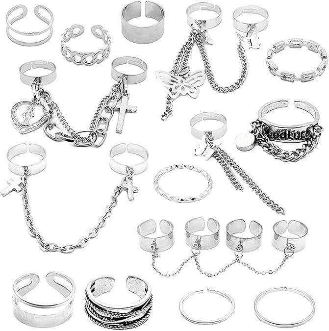 Gothic Punk Chain Finger Rings Set for Women Men 17Pcs Stackable Vintage Silver Knuckle Statement Rings Happy Cross Butterfly Ring Halloween Jewelry