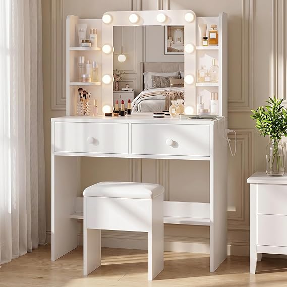 FUXA Makeup Vanity Desk with LED Mirror and Chair Set, White | 3 Lighting Modes, Built-in Charging Station, Storage Drawers and Shelves for Bedroom