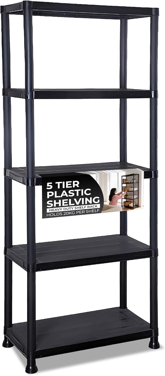 3/4/5 Tier - Plastic Shelving Unit | Garage Shelving Units | Storage Shelves | Shelving Units for Storage | Plastic Racking | Racking Shelving Unit Warehouse, Garage, Shed, and Workshop (5 Tier)