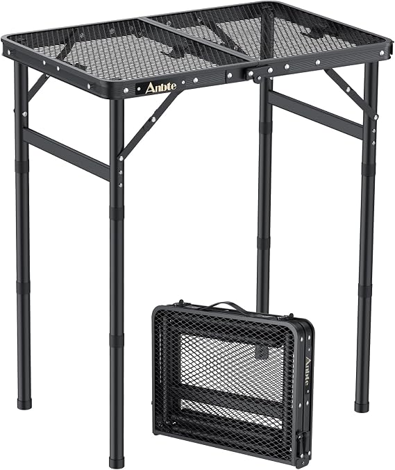 Anbte Folding Grill Table, 3 Adjustable Heights Aluminum Camping Table with Heat-Resistant Mesh Desktop, Lightweight outdoor Table, Portable Handle for Outside BBQ Cooking, 58 cm x 40 cm, Black