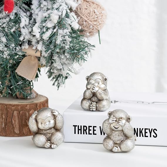 3 Wise Monkeys Statue.See no evil, hear no evil, speak no evil Monkeys Figurines.Brings Good Luck,Wisdom.Silver Monkey Sculpture Decoration Ornaments. Home Decor Living Room,Office Decor Accents.