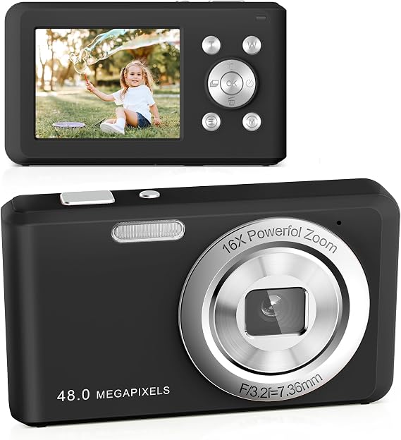 Digital Camera, FHD 1080P Compact Camera with 32GB Card,48MP Camera 2.4'' LCD 16X Digital Zoom for Kid Student Children Teen Girl Boy(Black)