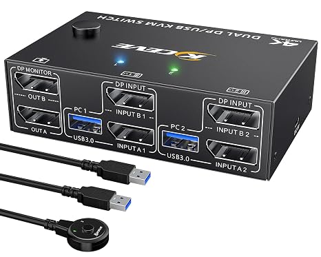 Displayport KVM Switch 2 Monitors 2 Computers 8K@30Hz 4K@144Hz, USB3.0 Dual Monitor KVM Switch for 2 Computers Share 2 Monitors and 4 USB Peripherals,with Wired Remote and 2 USB Cable