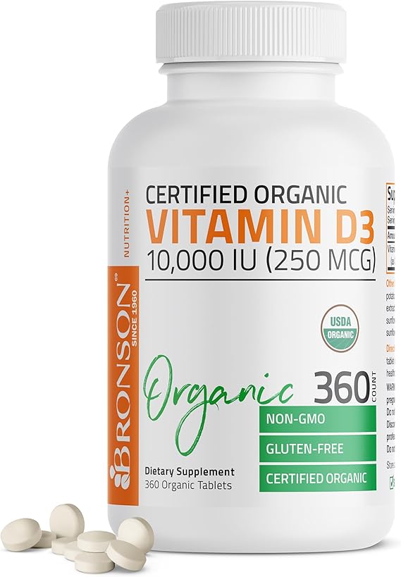 Bronson Vitamin D3 10,000 IU (250 mcg), USDA Certified Organic, 360 Tablets | Bone, Muscle, Immune & Nervous System Support, Non-GMO, Gluten-Free, Soy-Free, Wheat-Free & Nut-Free