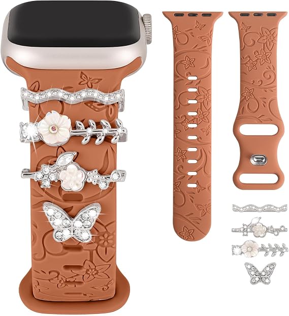 Charm+Band for Apple Watch Bands 40mm 41mm 38mm 44mm 45mm 46mm 42mm Women,Floral Engraved Silicone Sport Band+Decorative Ring Loops for iWatch Series 11 10 9 8 7 6 5 4 SE/Ultra 49mm 3/2,Jewelry Strap