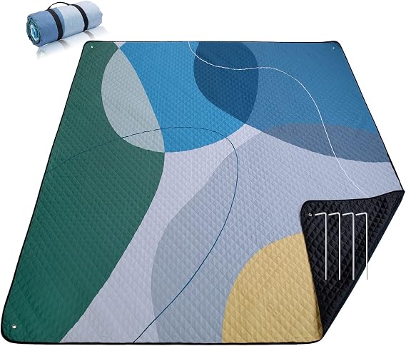 PY SUPER MODE Picnic Blankets Extra Large, Waterproof Foldable Outdoor Beach Blanket Oversized 83x79 Sandproof, 3-Layer Picnic Mat for Camping, Hiking, Travel, Park, Concerts(Abstract Blue)
